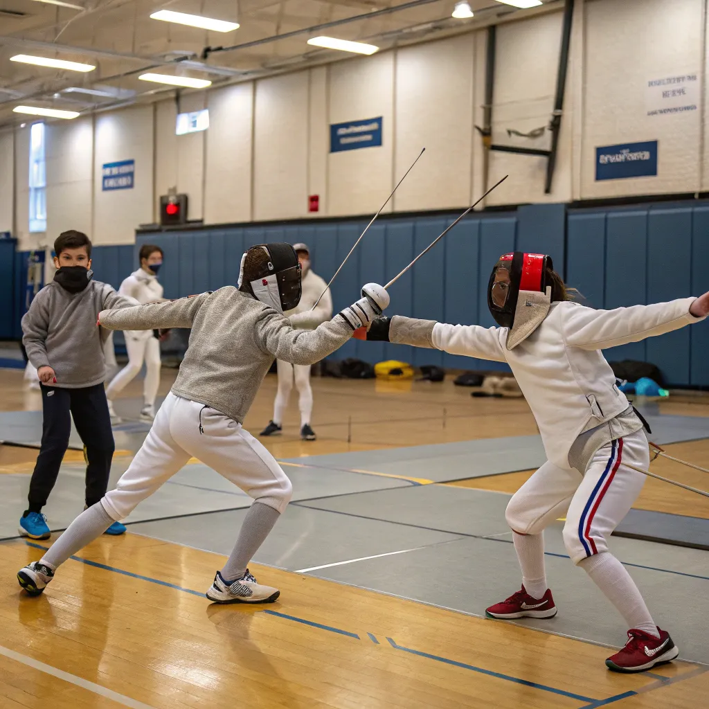 Group of students practicing fencing