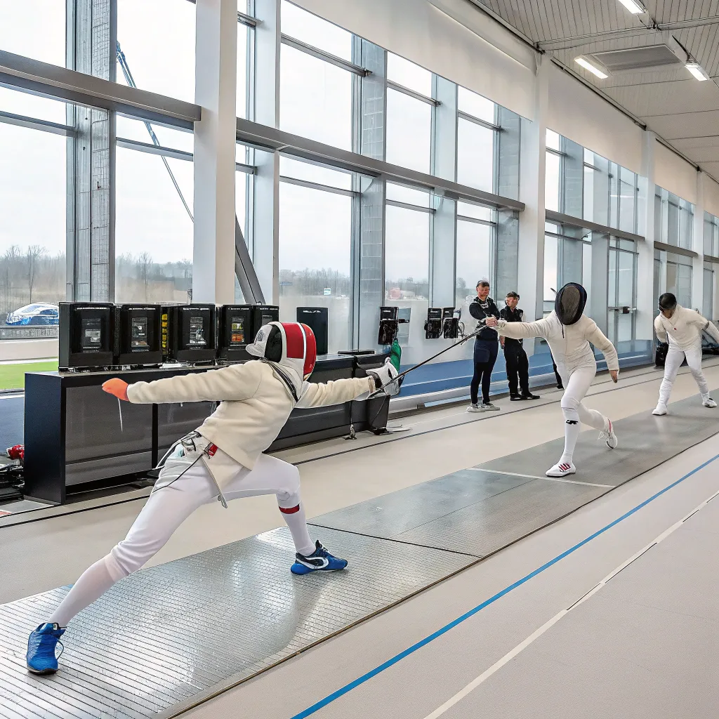 Fencers practicing in a modern training facility